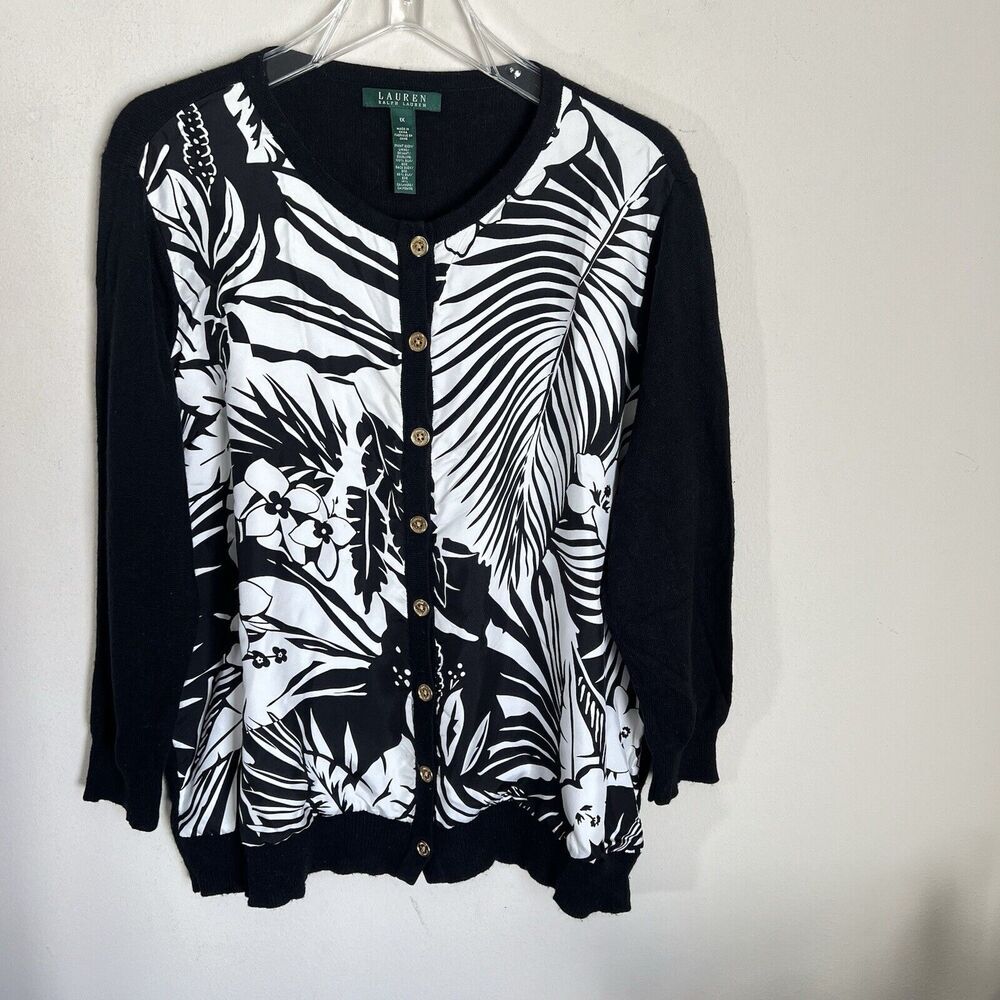 Lauren Ralph Lauren Cardigan Sweater Black Floral Silk Cashmere Button Up 1X